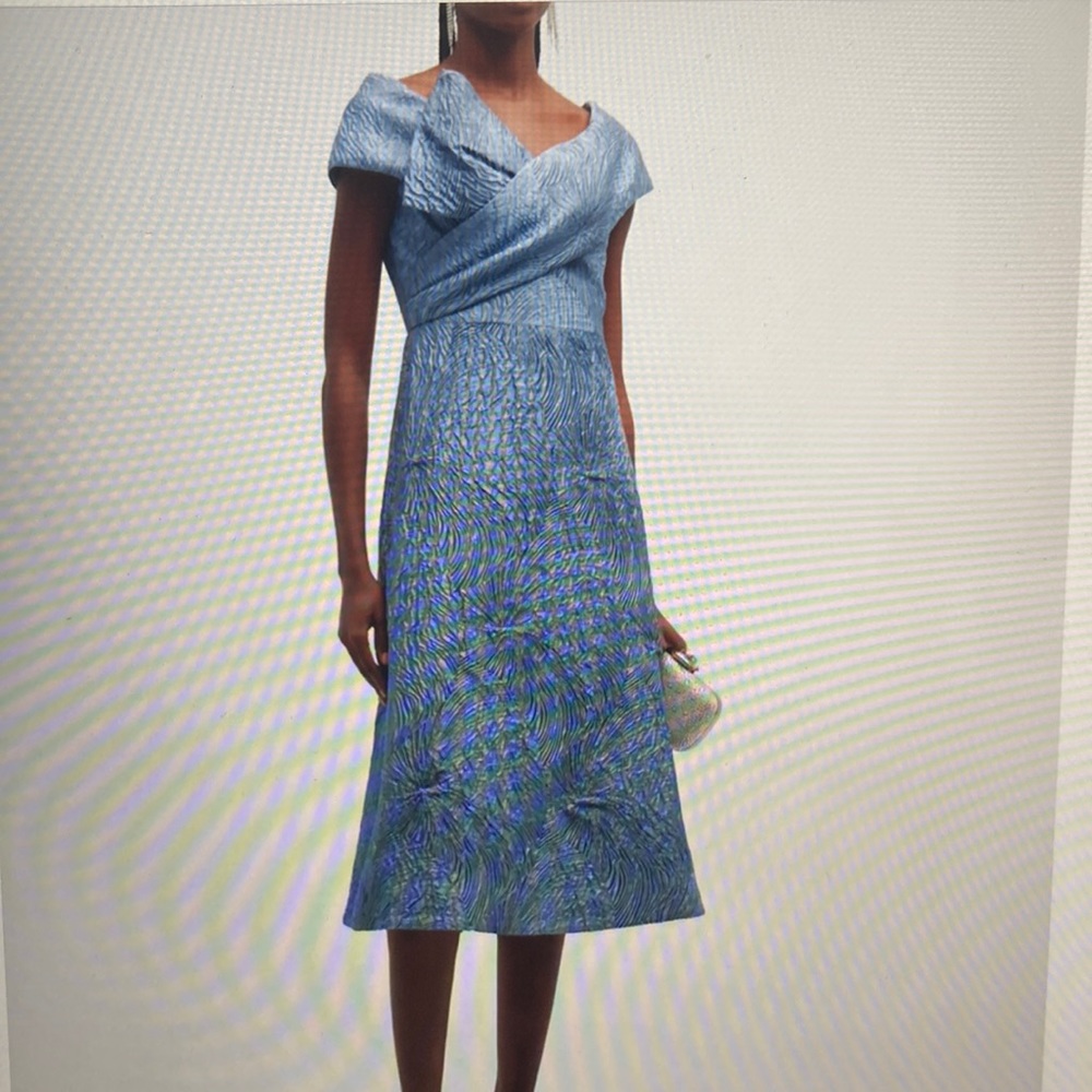 Rickie Freeman for Teri Jon off-shoulder bow-front Jacquard midi dress size 8